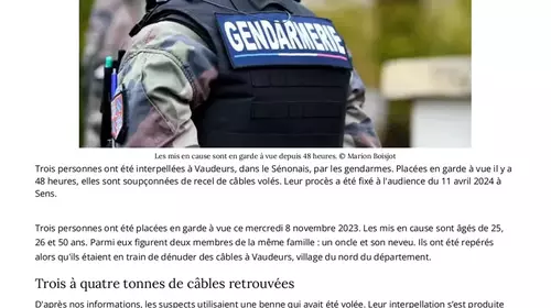 Trois à quatre tonnes de câbles retrouvées sur un terrain privé dans l'Yonne, trois personnes interpellées